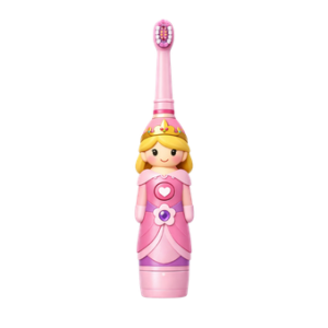Brosse à dents électrique enfant Freemousse modèle Princesse, personnage rose avec couronne dorée, fond noir