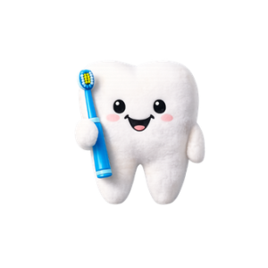 Mascotte dent souriante tenant une brosse à dents bleue, illustration 3D kawaii pour enfants, fond noir