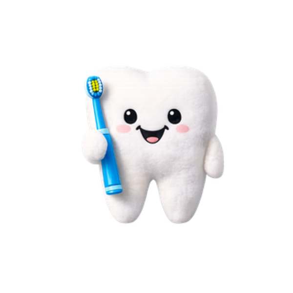 Une dent heureuse, c'est une dent bien brossée ! La mascotte Freemousse illustre le plaisir du brossage au quotidien.